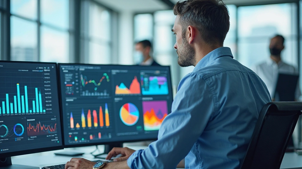 Аналитик работает с панелью управления, содержащей графики и диаграммы на мониторе компьютера в современном офисе