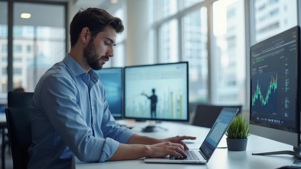 Профессиональное рабочее место аналитика с графиками и диаграммами на экране ноутбука