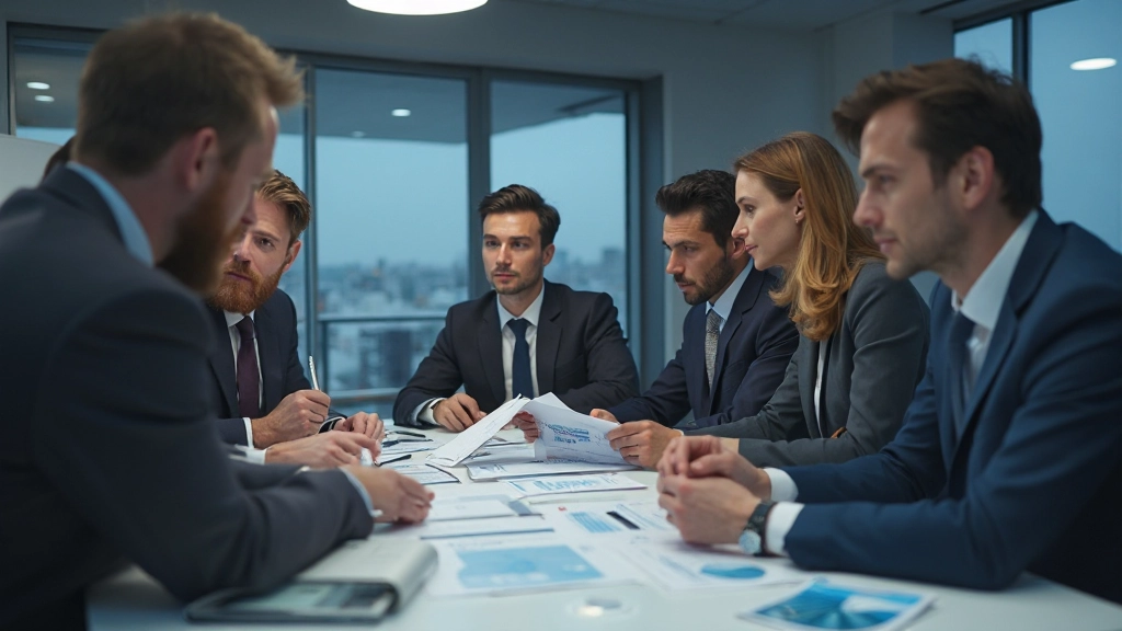 Группа профессионалов обсуждает результаты аналитического исследования у стола с графиками