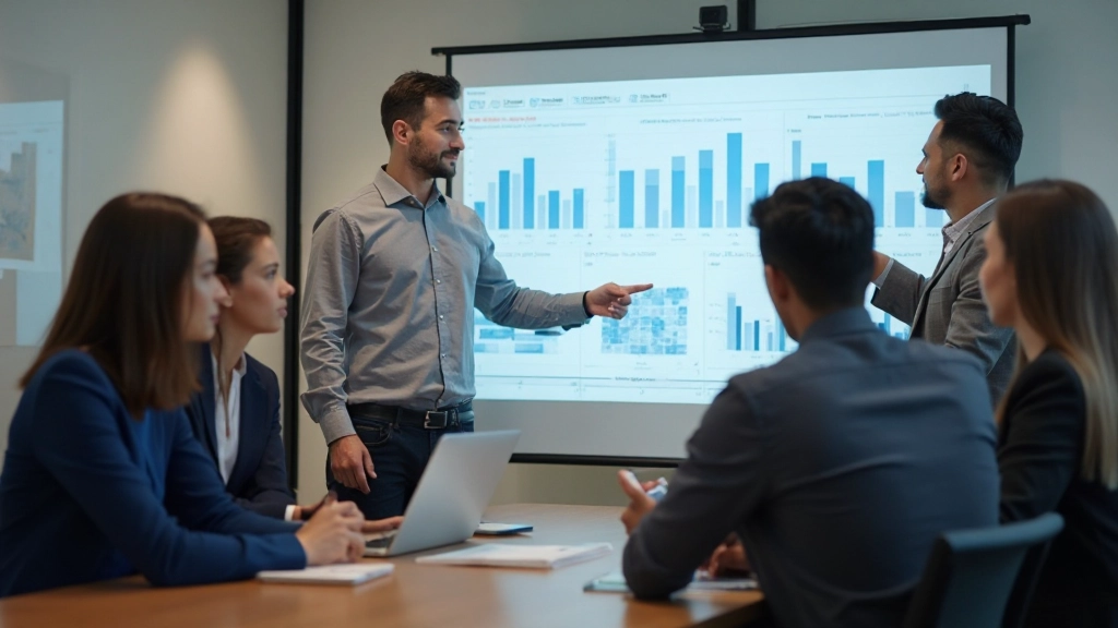 Команда специалистов обсуждает результаты анализа, рассматривая визуальные графики на интерактивной доске в конференц-зале