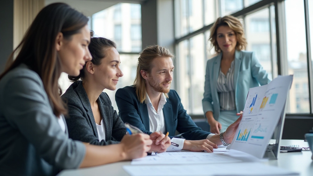 Команда специалистов по данным обсуждает результаты анализа KPI за столом совещаний в офисе