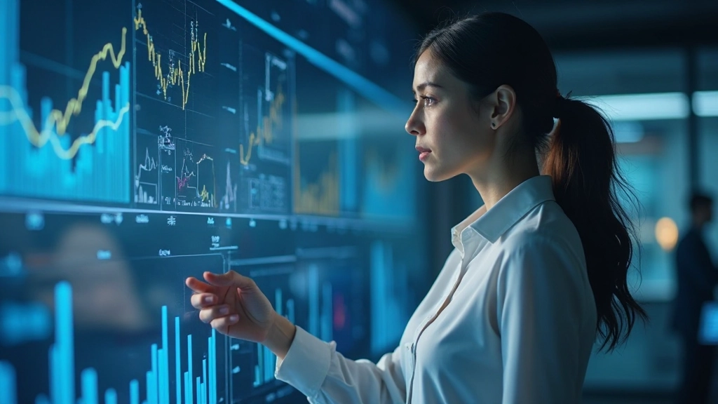 Специалист работает с интерактивной визуализацией данных на сенсорном экране