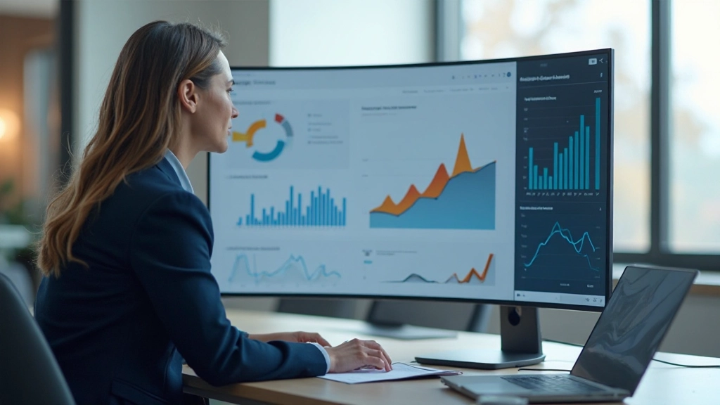 Менеджер изучает интерактивный дашборд с графиками продаж и аналитикой на большом дисплее