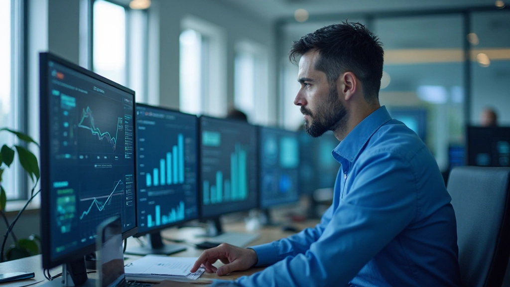 Профессиональный аналитик, работающий с дашбордом KPI на компьютере в современном офисе